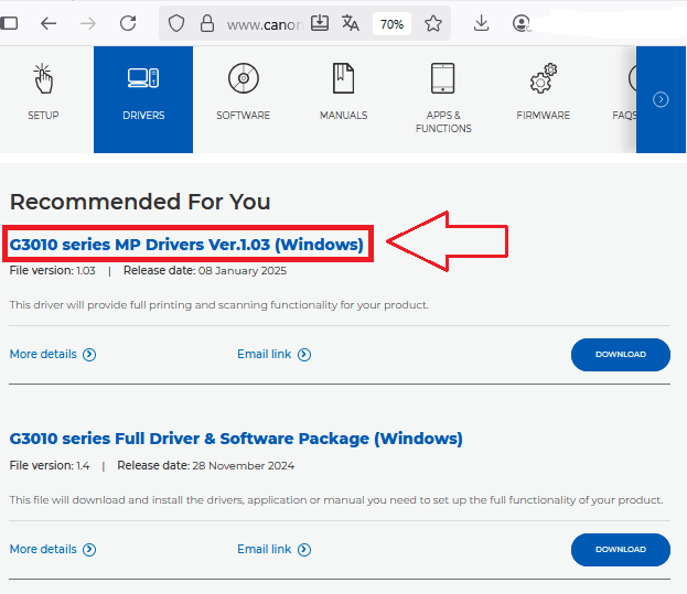 На фото показано какой именно файл скачивать для установки драйверов для Canon PIXMA G3410