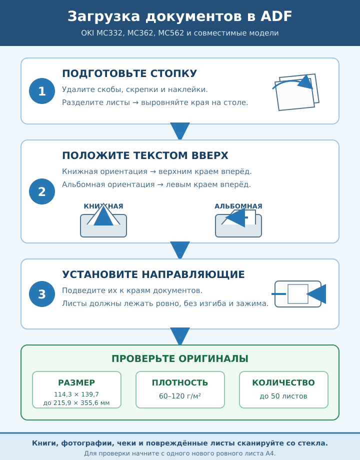 Правильная подготовка и загрузка документов в ADF OKI MC332, MC362 и MC562