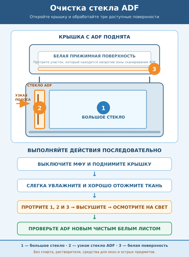 Расположение большого стекла, узкого стекла ADF и белой поверхности OKI MC332, MC362 и MC562