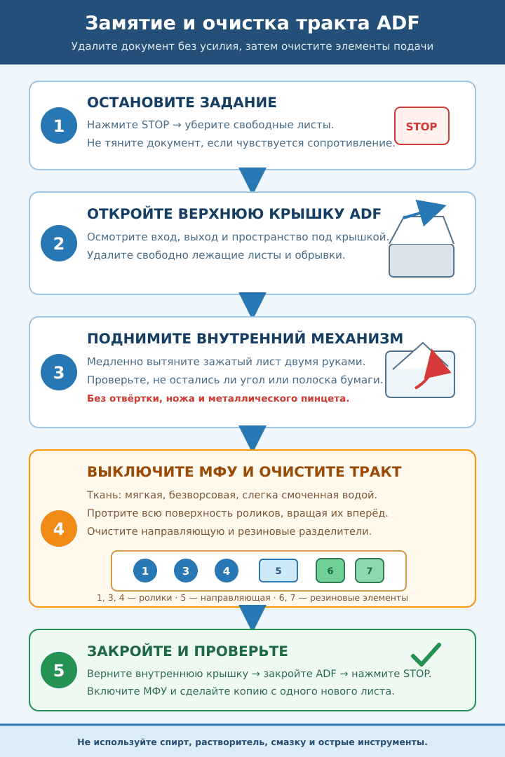 Удаление замятого документа и очистка роликов ADF OKI MC332, MC362 и MC562