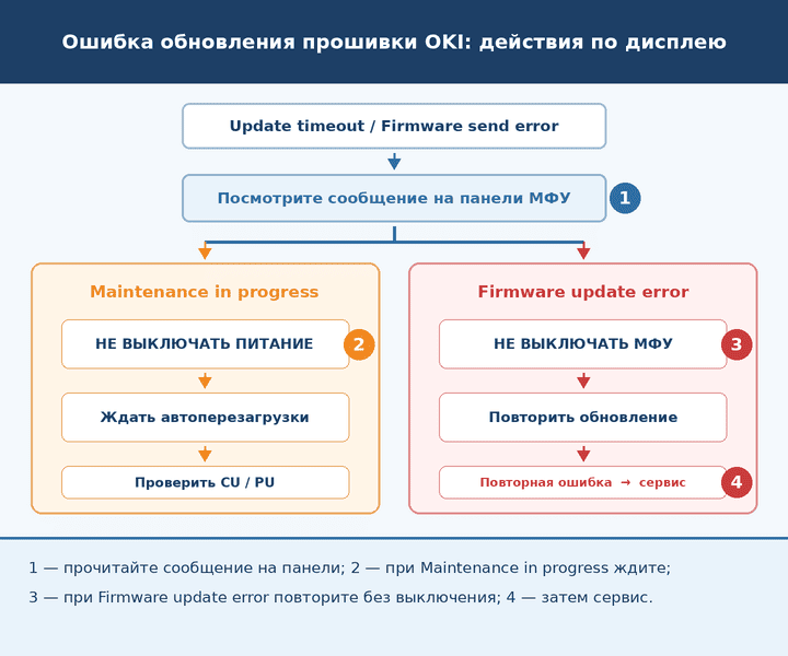 Действия при Update timeout и Firmware send error на OKI MC332, MC362 и MC562: различие сообщений Maintenance in progress и Firmware update error