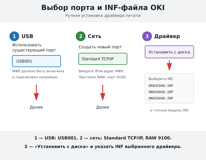 Выбор USB001 или Standard TCP/IP и установка INF-драйвера OKI с диска