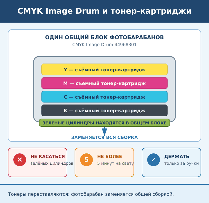 Общий CMYK Image Drum 44968301 и четыре съёмных тонер-картриджа OKI MC332, MC362 и MC562