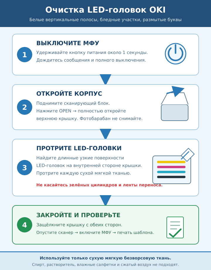 Очистка LED-головок в МФУ OKI MC332, MC362 и MC562 при белых полосах и бледной печати