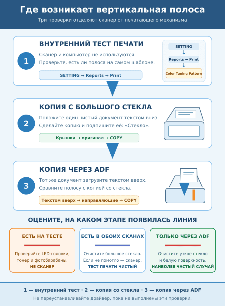 Диагностика вертикальной полосы на сканах и копиях OKI MC332, MC362 и MC562