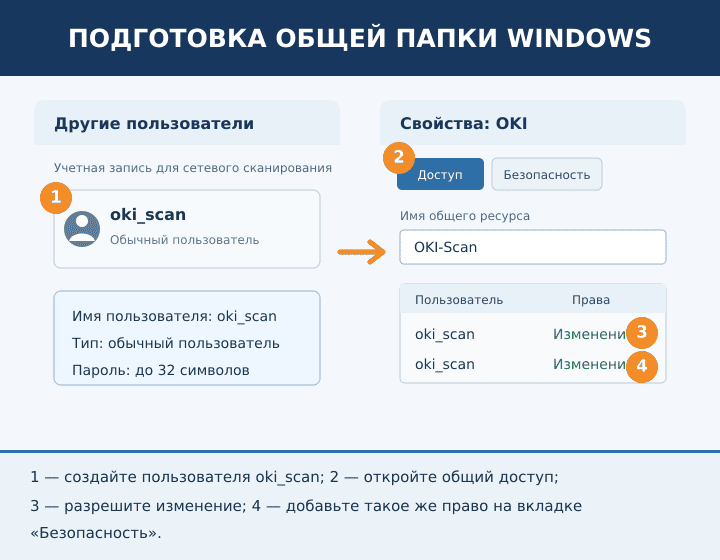 Создание учетной записи Windows и настройка разрешений общей папки для OKI MC332, MC362 и MC562