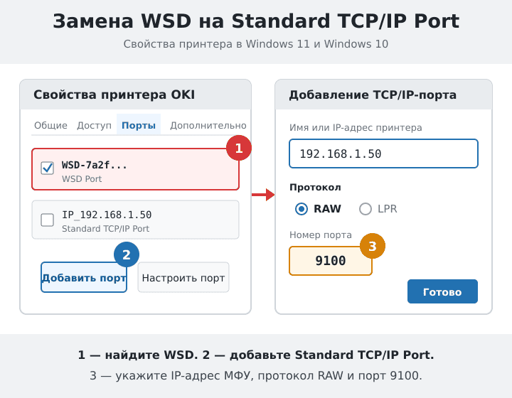 Замена порта WSD на Standard TCP IP Port RAW 9100 для принтера OKI
