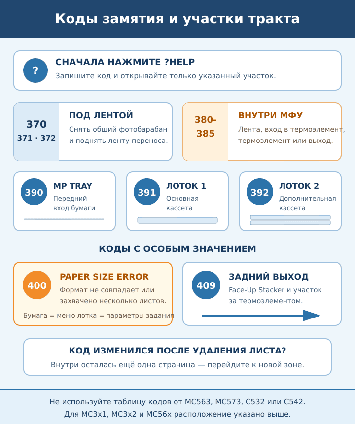 Коды замятия бумаги OKI MC352, MC362 и MC562 и расположение застрявшего листа для ошибок 370–392, 400 и 409
