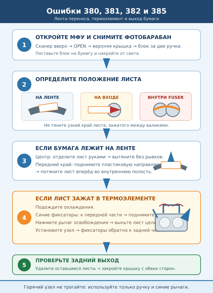 Удаление замятой бумаги возле ленты и термоэлемента OKI MC352, MC362 и MC562 при ошибках 380–385